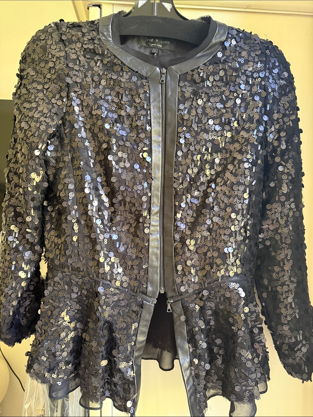 rag & bone Black Sequin Peplum Blazer with leather trim